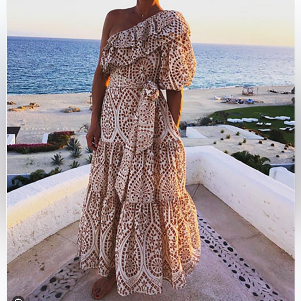 LISA MARIE FERNANDEZ one shoulder eyelet cotton cream brown puffy maxi dress 1 S